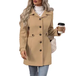 Elegant slim fit camel wool coat for women with lapel collar for autumn winter
