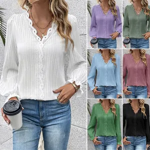 Women Elegant V Neck Lace Patchwork Blouse Top Long Sleeve Pleated Texture Shirt Casual Solid Color Ruffle Cuff Blouse Top