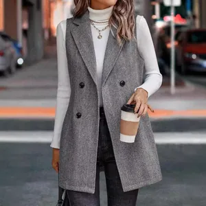 Elegante gilet blazer da donna grigio a spina di pesce con design a doppio petto
