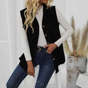 Casual black corduroy vest for women with lapel collar and buttons, stylish autumn wear.