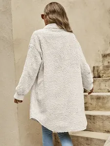 Back view of stylish women's long cream teddy fleece coat featuring a lapel collar and loose fit