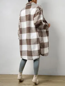 Back view of brown and white checkered fleece coat with lapel collar and loose fit