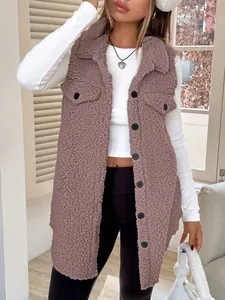 Detail shot of a mauve faux shearling vest with lapel collar and buttons.