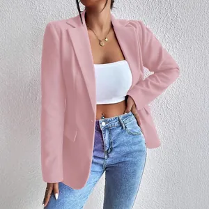 Elegant women's slim-fit pink blazer jacket with wool-like texture for office wear