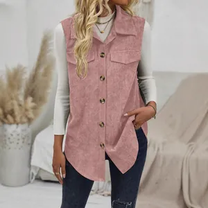 Casual pink corduroy sleeveless vest for women featuring lapel and button closure