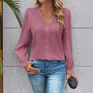 Elegant rose pink V-neck lace patchwork blouse with pleated texture and long sleeves for autumn
