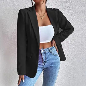 Elegant black slim-fit wool blazer jacket for women in classic professional style