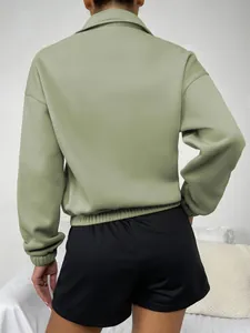 Rückansicht des salbeigrünen Fleece-Oversize-Sweatshirts mit Stehkragen für Damen.