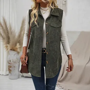 Casual women's green corduroy vest with turn-down collar and button-up front design