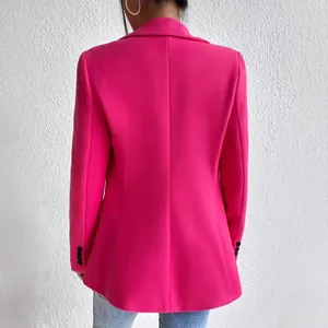 Elegant hot pink slim fit woolen blazer jacket for women, stylish back view
