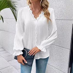 Elegant white V-neck long sleeve blouse with lace trim and pleated texture for women