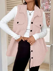 Stylish pink faux sherpa vest with lapel collar and buttons for women's autumn winter fashion