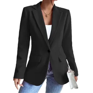 Elegant slim-fit black wool-like blazer jacket for professional women's commute wear