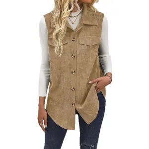 Casual women's tan corduroy button-down vest featuring a lapel collar and chest flap pockets