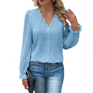 Elegant light blue long sleeve V-neck blouse with lace patchwork and pleat texture