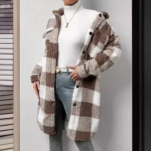 Cozy long plaid fuzzy sherpa coat for women featuring a button-down lapel and loose fit