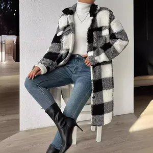 Women's stylish black and white plaid plush long coat with lapel for winter fashion
