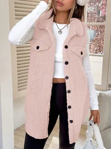 Chic pink faux lamb wool vest with stylish lapel collar and functional button closure