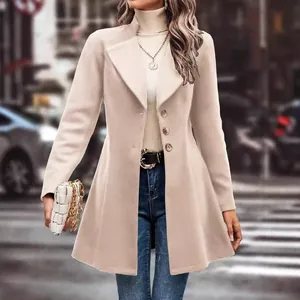 Women's elegant slim-fit lapel wool coat in apricot for autumn and winter fashion