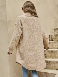 Back view of a long beige sherpa fleece jacket for winter fashion, cozy and stylish