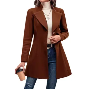 Elegant brown slim-fit woolen coat for women with lapel collar for autumn winter