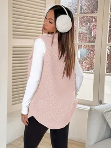 Back view of a pink fuzzy fleece vest with plush sherpa texture and a relaxed fit