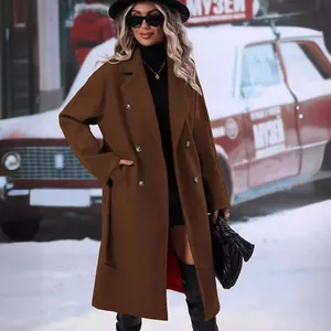 Elegant brown double-breasted wool coat with lapel collar and waist tie for women.