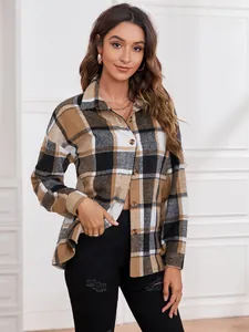 Professional shot of a brown plaid wool-blend shacket with lapel and button detail