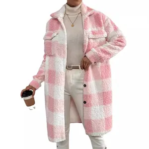 Women's pink plaid plush long coat with lapel collar and button closure for autumn winter