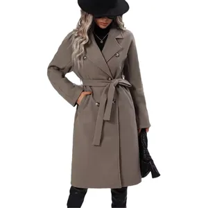 Elegant taupe women's double-breasted wool blend coat with waist tie and lapel collar