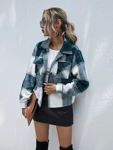 Fashionable teal and white plaid woolen jacket with stylish lapel and button detail