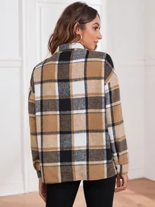 Back view of a stylish plaid woolen jacket for women with lapel collar and neutral tones
