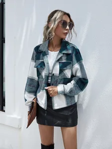 Stylish green and white plaid wool blend shacket for women with lapel collar detail