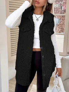 Close-up of black faux lamb wool vest featuring lapel collar and button closure