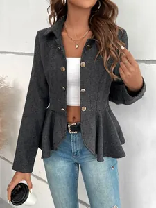 Elegante blazer gris de espiga con dobladillo de peplo y botones dorados para mujer