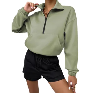 Damen-Fleece-Sweatshirt in Salbeigrün mit halbem Reißverschluss und Oversized-Schnitt