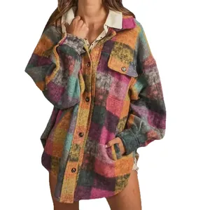 Giacca scozzese oversize da donna con trama spazzolata e colletto a rever elegante