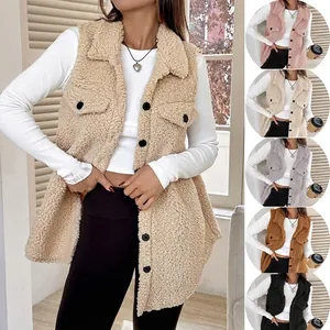 Women Casual Faux Sherpa Wool Blend Vest Jacket Lapel Button Down Sleeveless Outwear Loose Fit Winter Warm Waistcoat Top