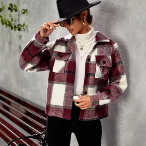 Women's red plaid shacket with lapel collar and single-breasted buttons for autumn.