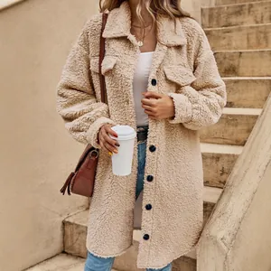 Stylish women's oversized beige long fleece coat with lapel and buttons for winter