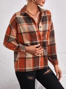 Chic orange and brown plaid wool shirt jacket with lapel collar and single-breasted buttons