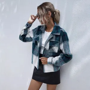 Stylish women's plaid wool blend short jacket with lapel and single-breasted closure