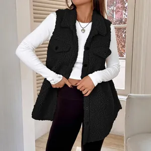 Minimalist black faux lamb wool vest featuring lapel and buttons for women's autumn style