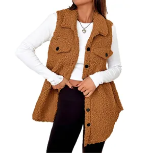 Women's warm faux shearling teddy vest with lapel collar and buttons in brown