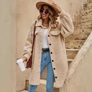 Stylish women's beige fuzzy teddy coat with lapel and buttons in outdoor setting