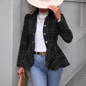 Chaqueta tipo blazer negra de cuadros con volantes y doble botonadura para mujer chic