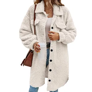 Women's longline sherpa fleece coat with button-down lapel and loose fit styling