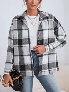 Classic black and white plaid wool-blend shacket with lapel collar and buttons