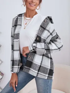 Stylish black and white plaid flannel jacket with buttons for women's autumn wear