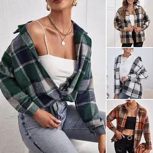 Women Plaid Wool Blend Shacket Coat Lapel Button Down Long Sleeve Jacket Autumn Winter Casual Fashion Outwear Plaid Pattern Overcoat